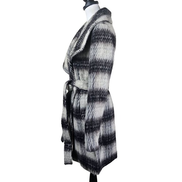 BCBGeneration Black Plaid Wool Wrap Coat Sz XS Belted Shawl Collar Mid-Length - Picture 3 of 14